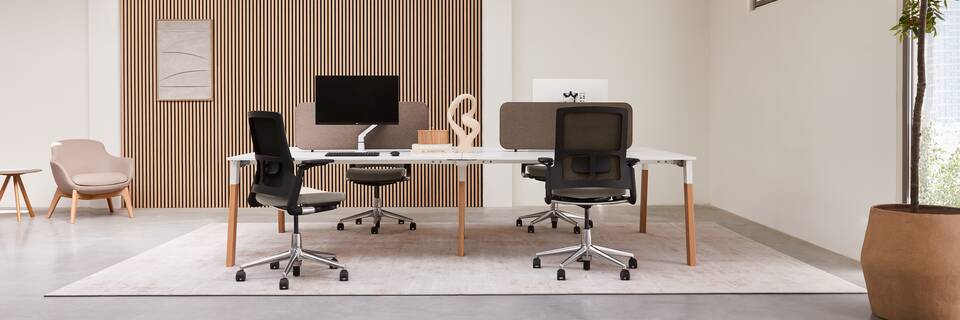 Techo Fount bench with white and oak a frame and white tabletops and beige WF25 screen and beige A2020 office chairs styled front view
