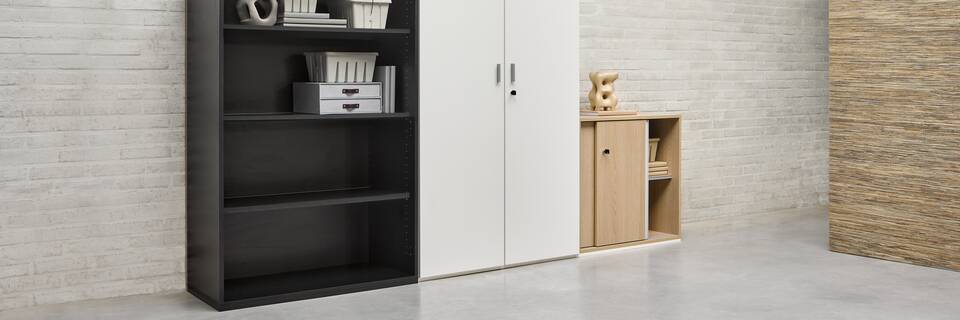 Techo Hyll open and closed cabinets in black white and oak in different heights with styling front left view