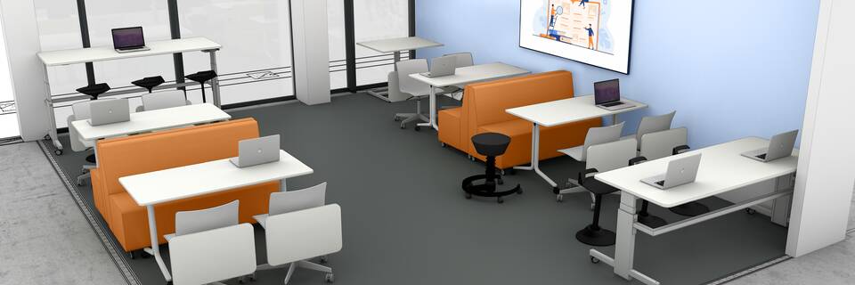 Gispen Classroom setting work group with JUNA trainbench and TMNL desks and NOMI chairs render