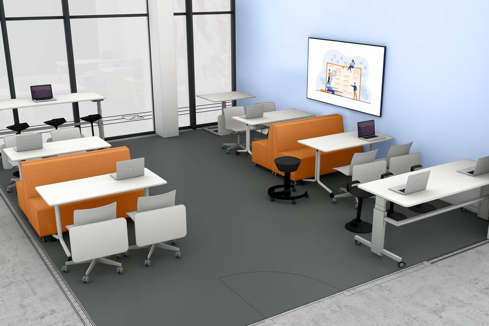 Gispen Classroom setting work group with JUNA trainbench and TMNL desks and NOMI chairs render