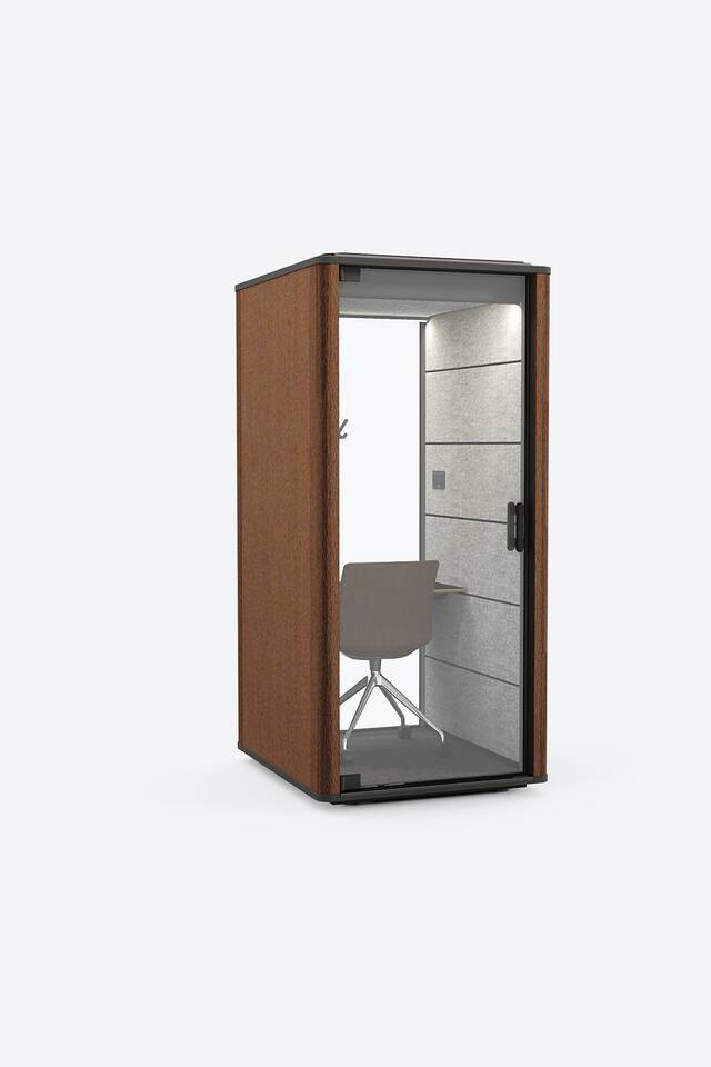 Royal Ahrend Cerene Call office pod in anthracite with brown fabric on grey background front left view