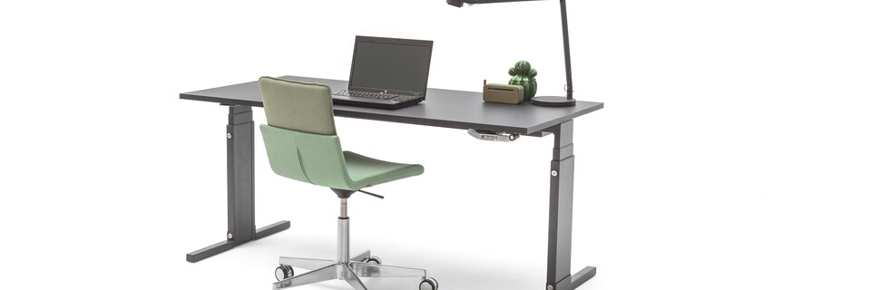 Gispen Cimo mono table with anthracite frame and mono cover low with black chipboard tabletop and green Triennial Work chair front right view