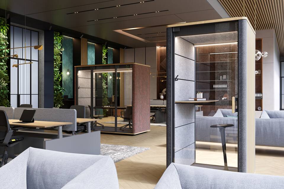 Cerene Call, Swaye, Balance, Remode, Cerene Chat Connect low Royal Ahrend Cerene Call office pod in grey with wooden slats sides and black Swaye stand aid in office space