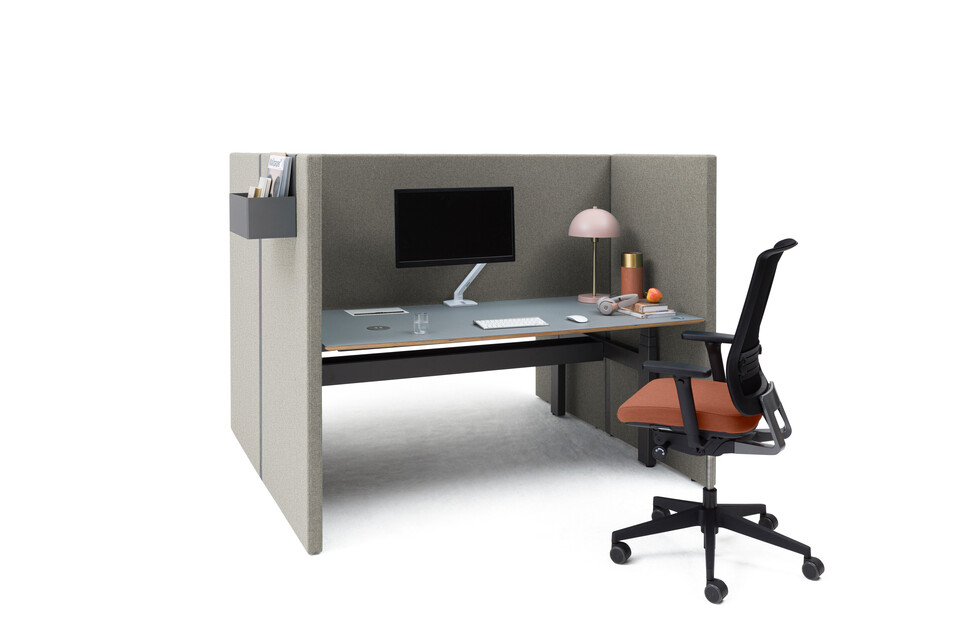 Royal Ahrend Retreat Acoustic screen for dual workstation with grey frame and upholstered in beige with black Balance dual desk and Ease office chair styled front left view