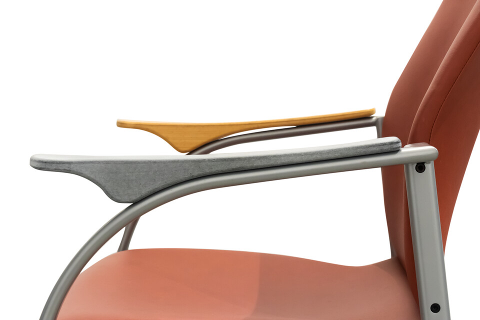 Kembo Kion chair upholstered in orange revitalised with 3D printed armrest right side detail view