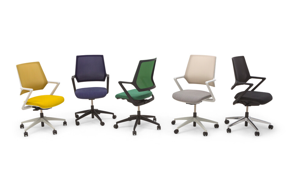 Gispen Zinn Multi task chairs range upholstered in yellow blue green white and black front view