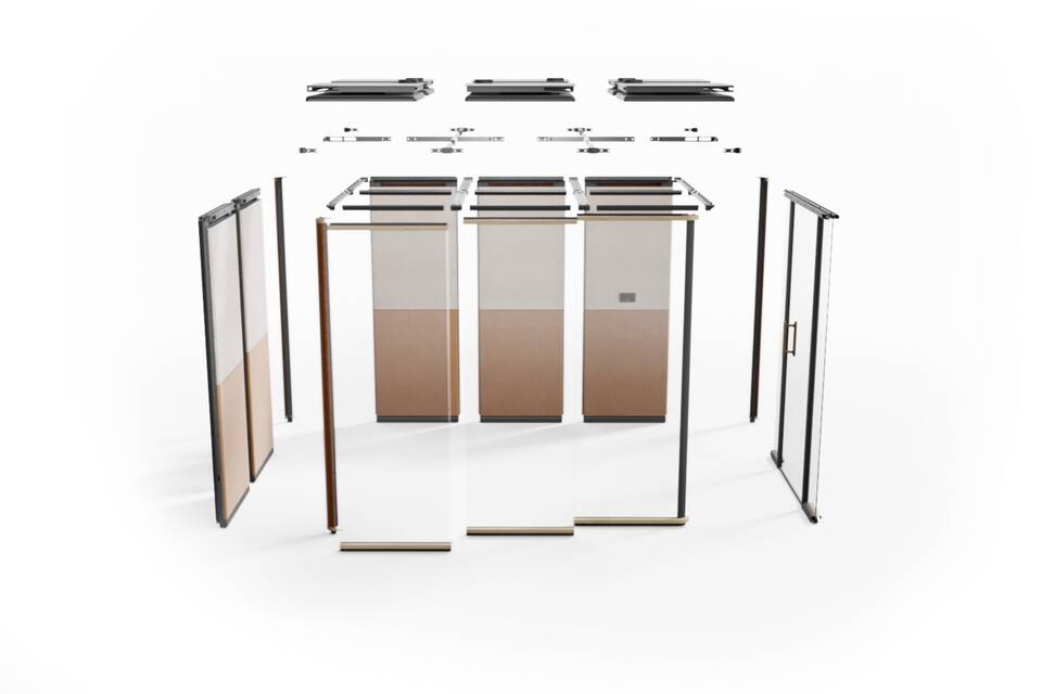 Royal Ahrend Zoniq office pod in anthracie and upholstered in orange exploded front view