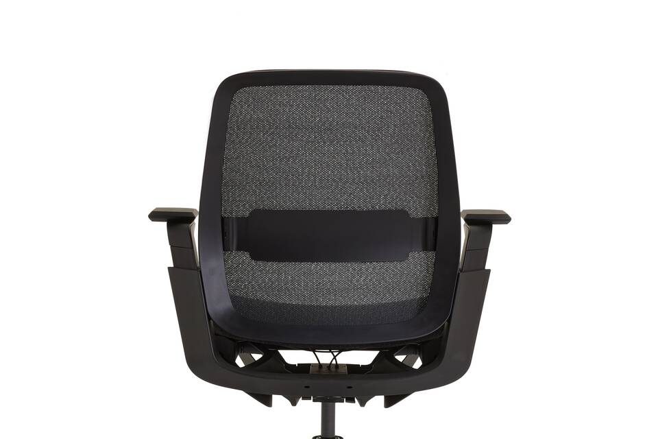 Ahrend Remode office chair in black with upholstered seat and netweave back with lumbar support rear view