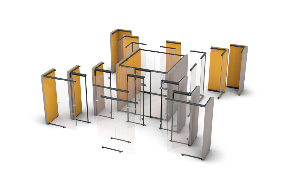 Gispen MOXX space in space upholstered in grey and yellow exploded front right view