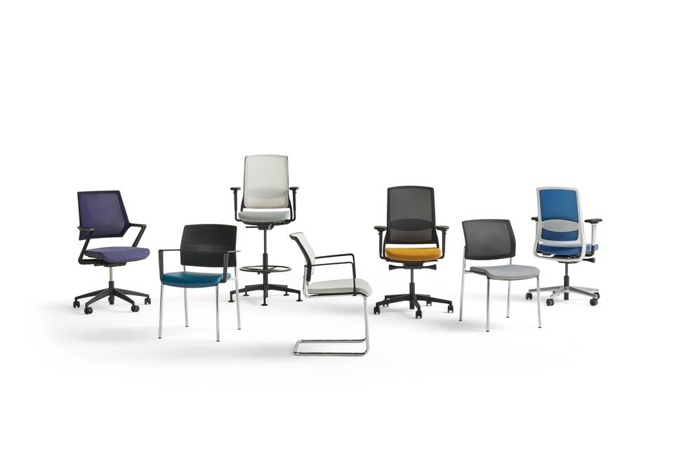 Gispen ZINN office and visitor chairs collection in different colours with ZINN Multi front view