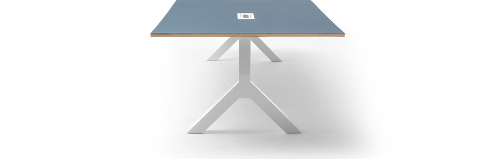 Gispen TEAM Design conference table with white legs and frame with blue tabletop right side view