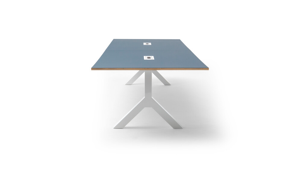 Gispen TEAM Design conference table with white legs and frame with blue tabletop right side view