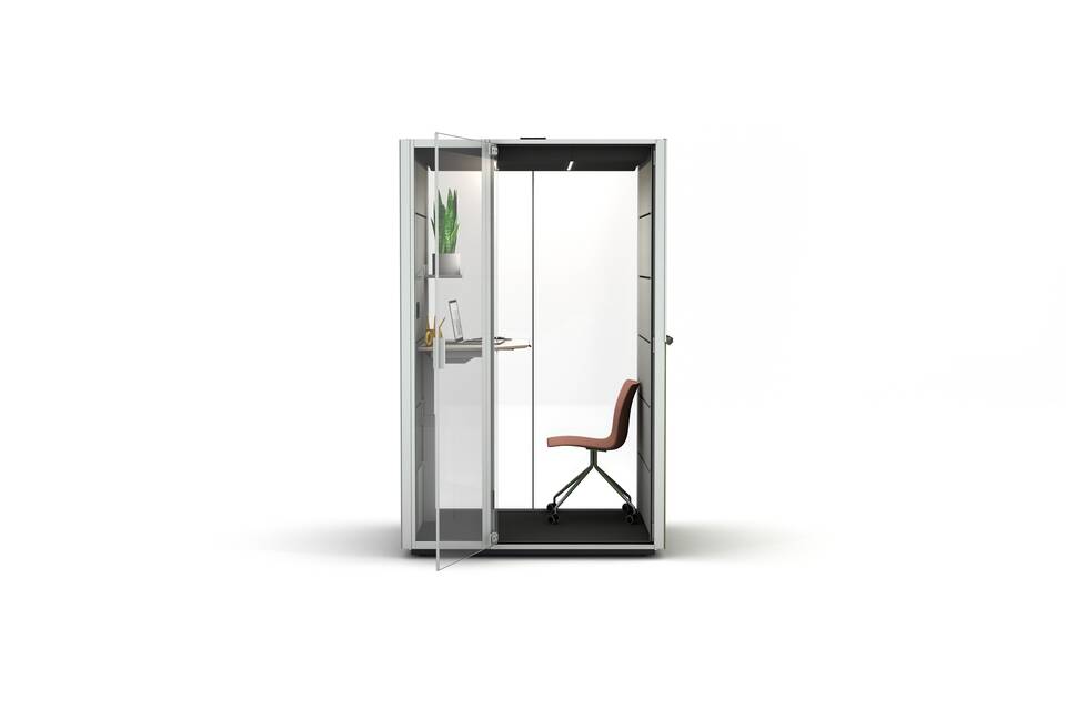 Ahrend Qabin Work office pod in grey with shelf and green suit with red upholstered NOMI Work chair and desk in stand position front view