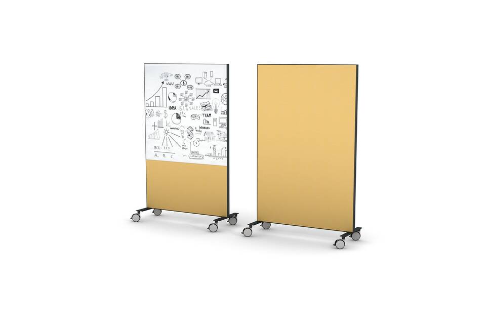 Gispen SEPP mobile floorpanels fully upholstered in yellow and one with whiteboard front right view