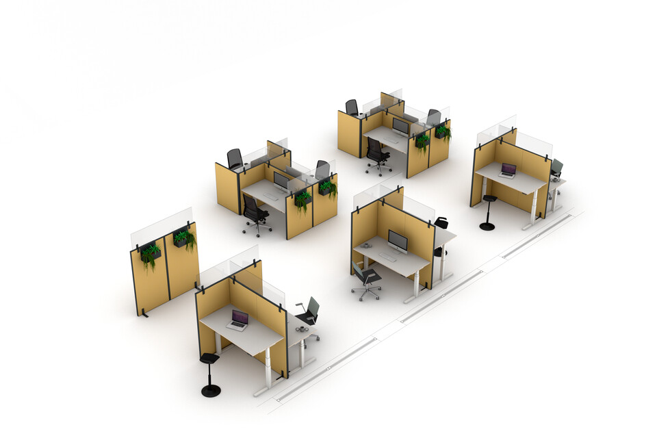 Gispen SEPP floorpanels setup with PEXX transparent screens and TMNL workstations office interior view