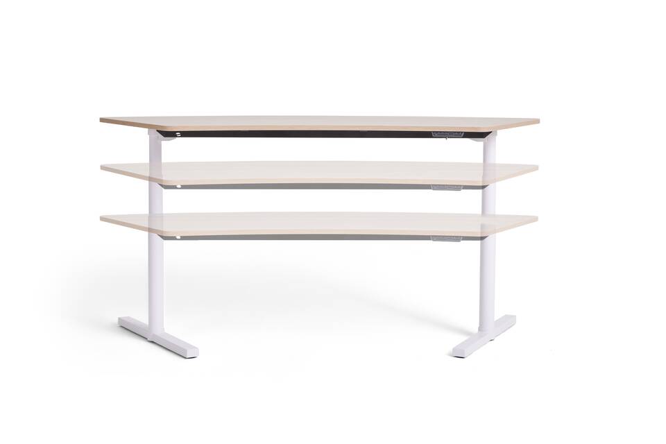 Gispen TMNL Round sit stand solo workstation in white with oak wave tabletop in different heights front view