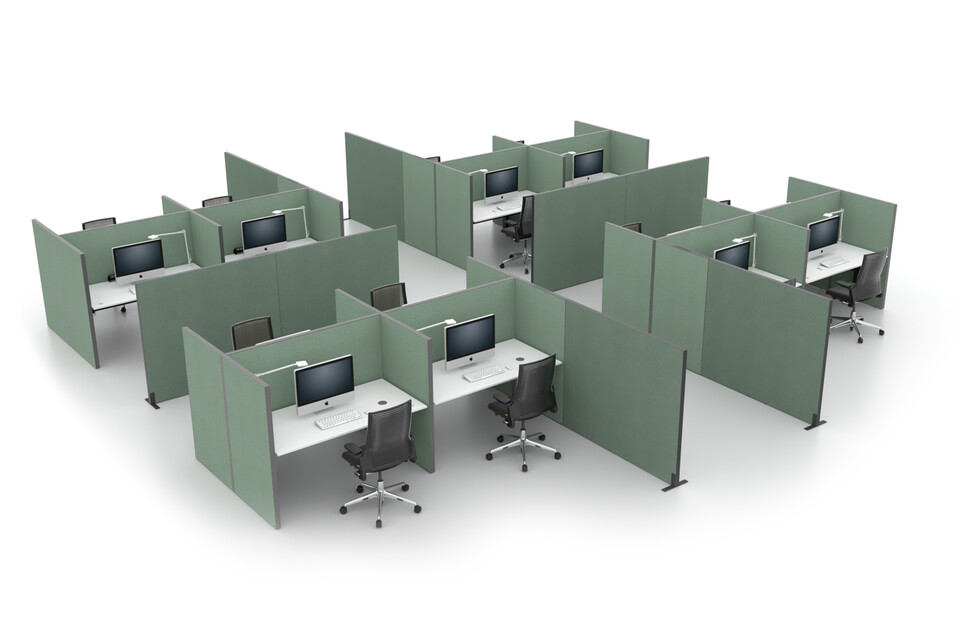Royal Ahrend Balance dual desks in black with grey tabletops and green upholstered S50s screens front left view