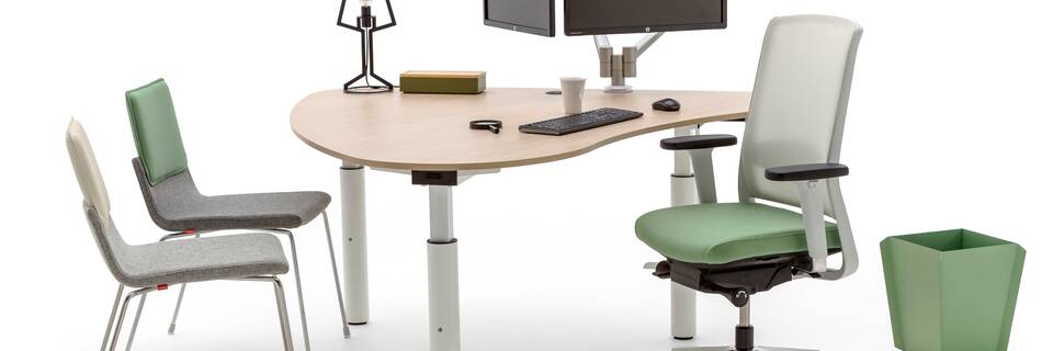 Gispen TM Doc table with white frame and oak organic tabletop with Zinn,Binit,Outline and Triennial Classic front right view