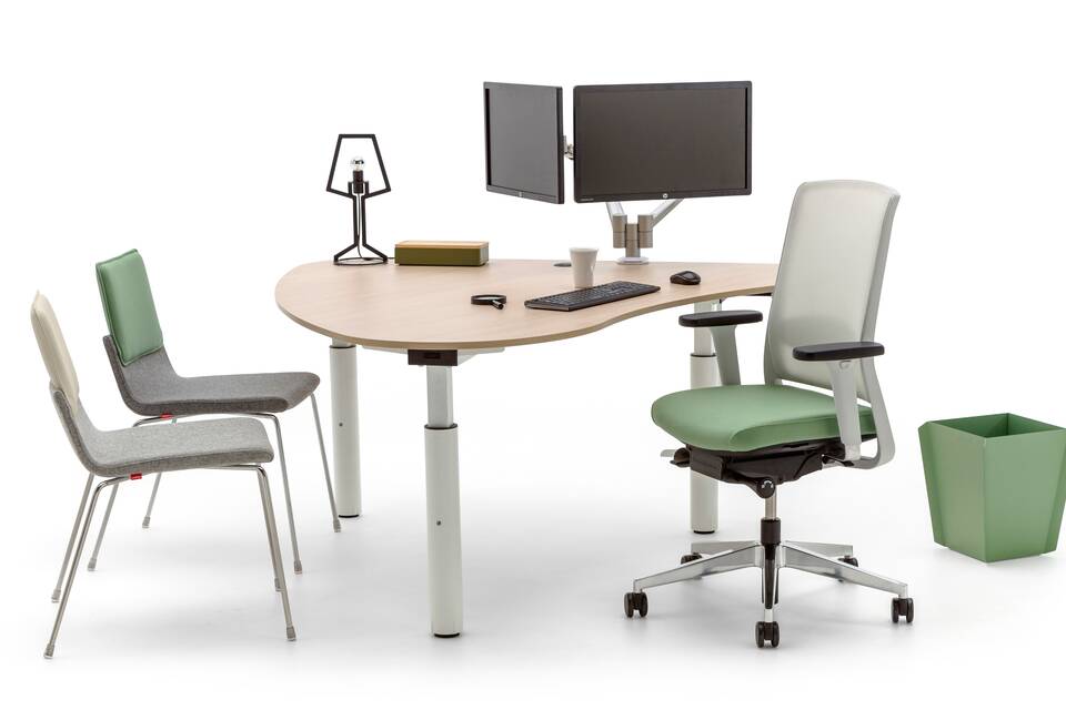 Gispen TM Doc table with white frame and oak organic tabletop with Zinn,Binit,Outline and Triennial Classic front right view