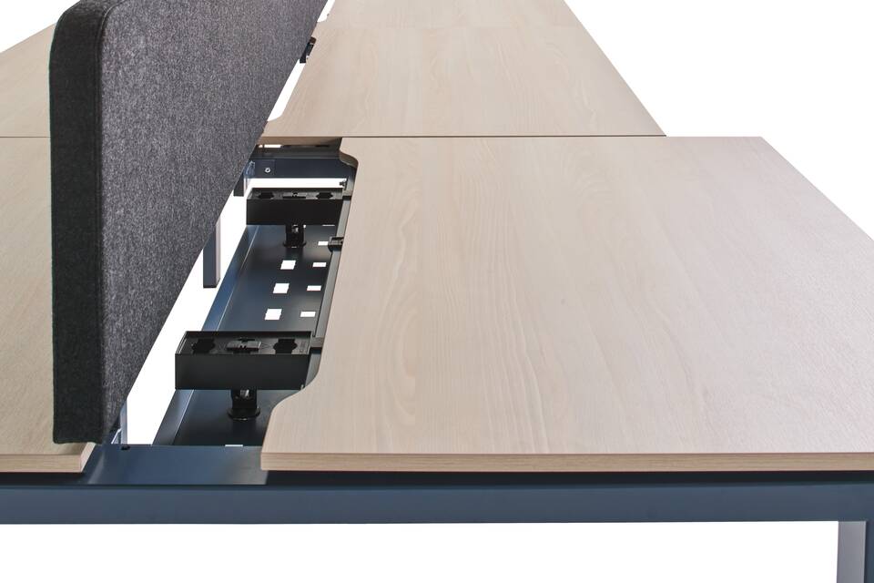 Gispen IC bench in blue with beech sliding tabletop and recess open left detail view