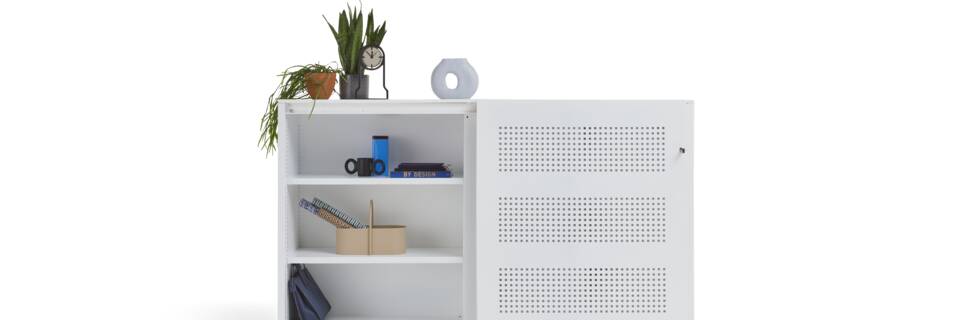 Gispen SDK sliding door cabinet mid in white with square perforation and left door open styled front view
