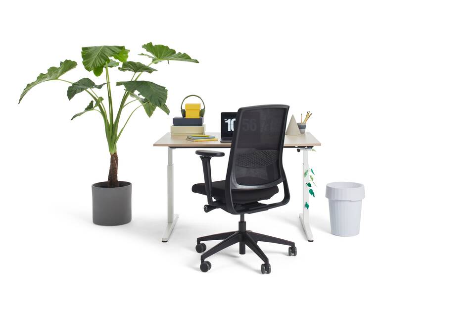 Gispen Home office HVM desk in white with oak tabletop and black Zinn Smart 20 office chair with 4D armrests and styling front view