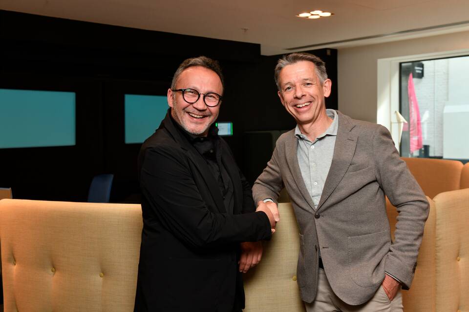 CEO's Eugene Sterken of Royal Ahrend and Mustafa Kadioglu of Deberenn coorperation at launch party Clerkenwell design week