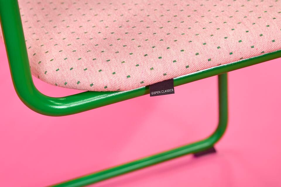 Gispen Classics 201 chair in green with pink limited edition upholstered seat and back front left detail view