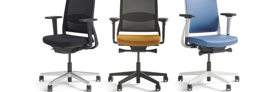 Gispen ZINN office chairs in black orange and blue front right front and front left view