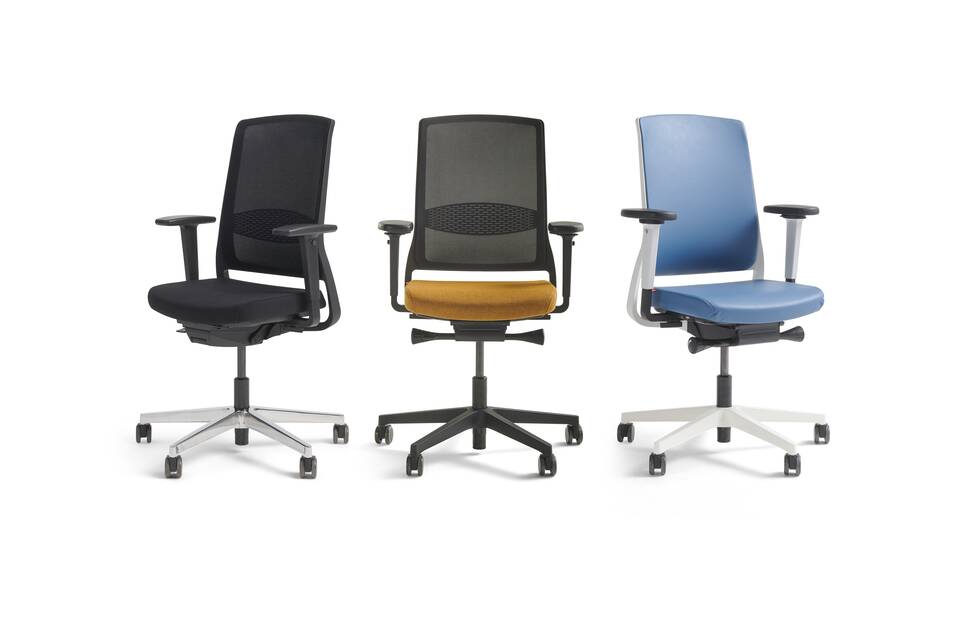 Gispen ZINN office chairs in black orange and blue front right front and front left view