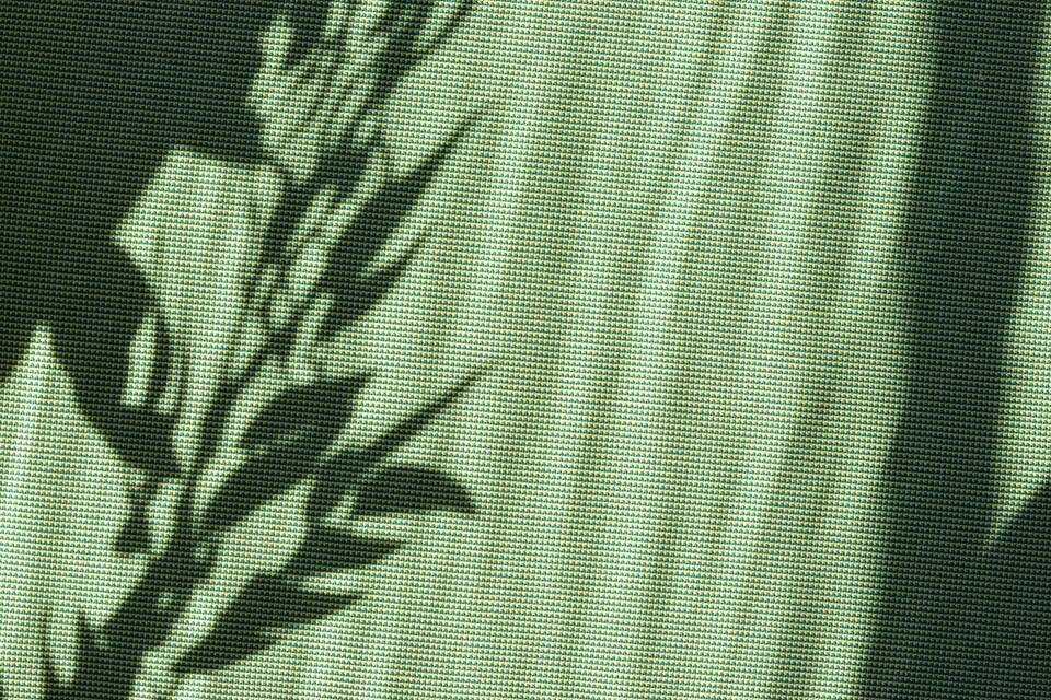 Bright green summer or spring natural background with copy space, aesthetic sun light floral leaves shadows on green textile backdrop