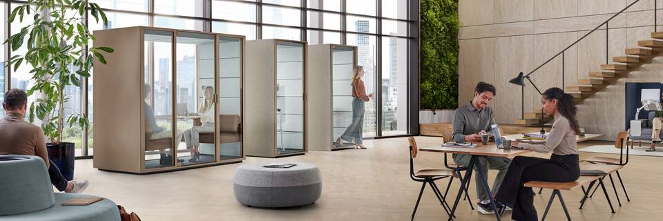 Ahrend Qabin Chat Lounge and Calls space in space in clay grey with open chat header in a vitalising workspace interior view