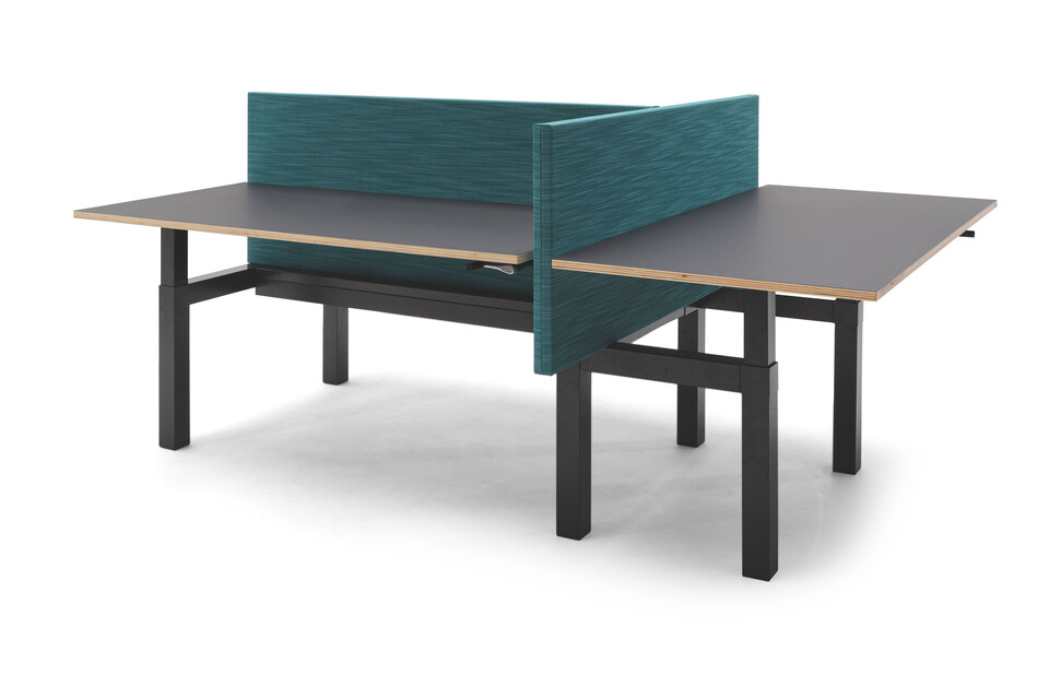 Gispen TMNL trio workstation sit sit in anthracite with black tops and turquoise screens front right view
