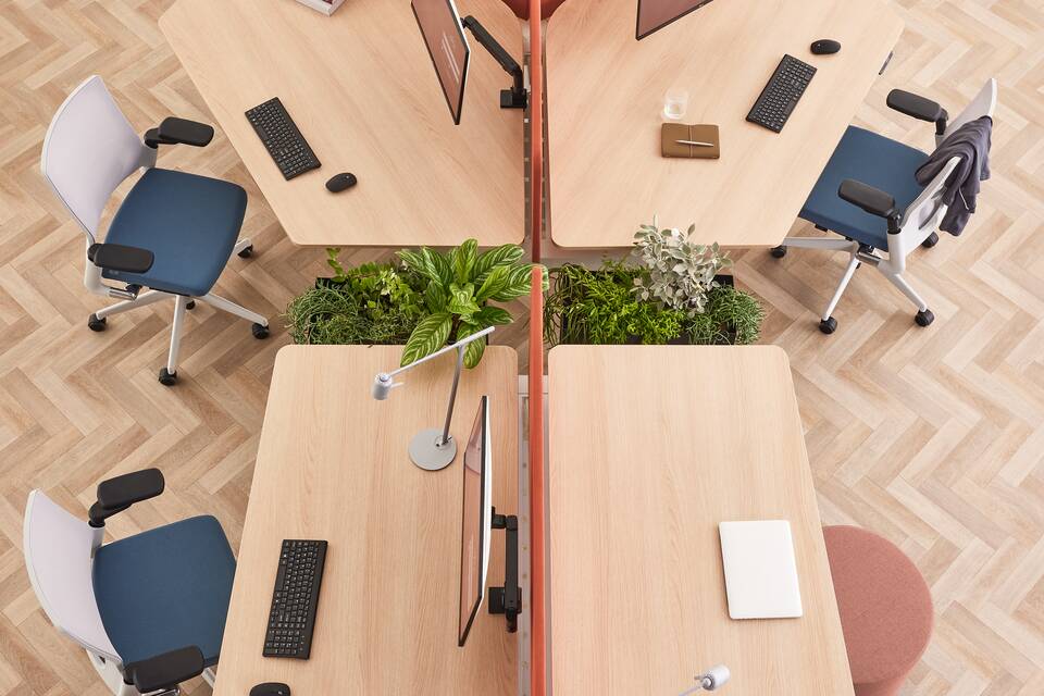 Ahrend Modea sit stand trio and dual workstation with oak tabletops and orange S25 screens styled with 2020 Verta office chairs top right side view
