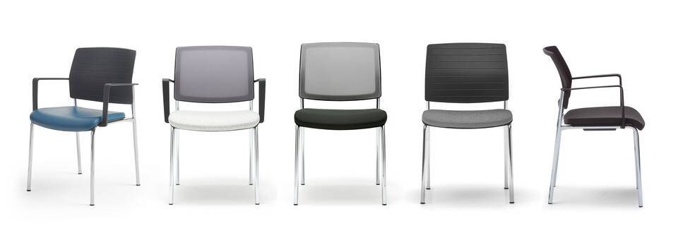 Gispen ZINN visitor chairs in blue grey and black front left front and left side view