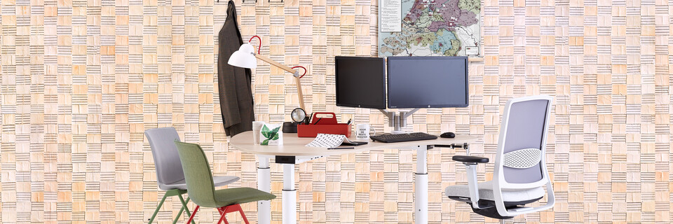 Gispen TM Doc table with white frame and oak tabletop with Zinn office chair and red and green Nomi Design chairs with Mapp of The Netherlands front view