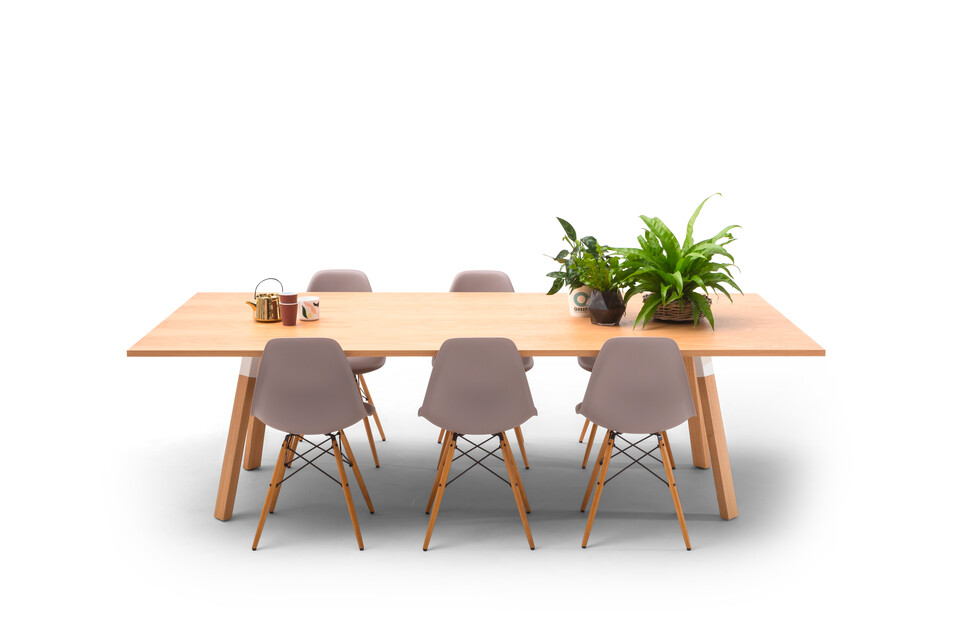 Gispen TEAM Wood rectangle conference table with diagonal oak legs and tabletop with DSW chairs and styling front view