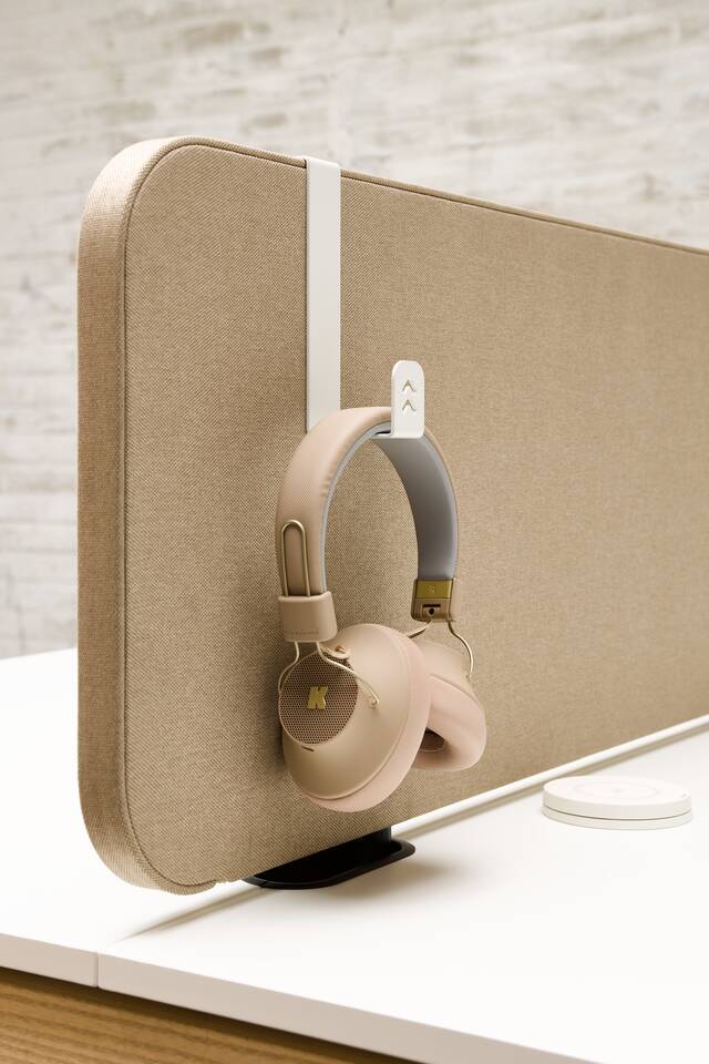 Techo Fount dual workstation with beige WF25 screen with white headphone hook front left detail view