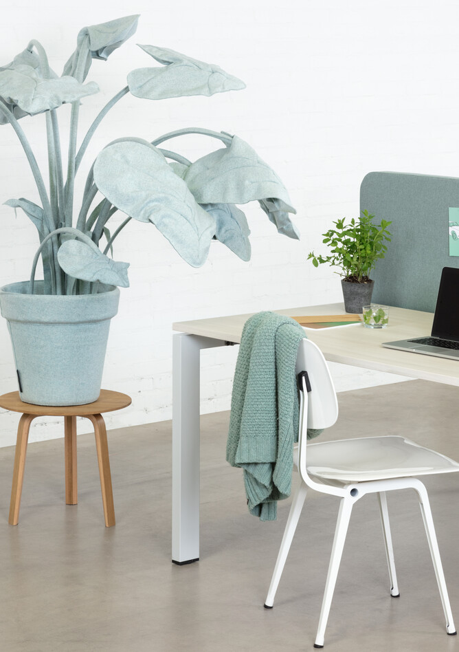 Royal Ahrend Balance 4 leg bench in white with maple tops and light blue screen with white Revolt chair front right detail view