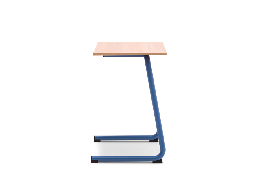 Gispen Eduu Comfort table with blue frame and beech grey tabletop left side view