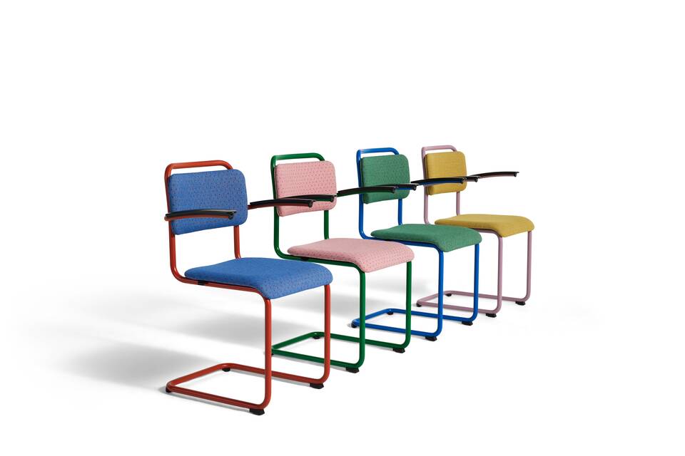 Gispen Classics 201 chairs in several coloured frames and upholstry seat and back front left view