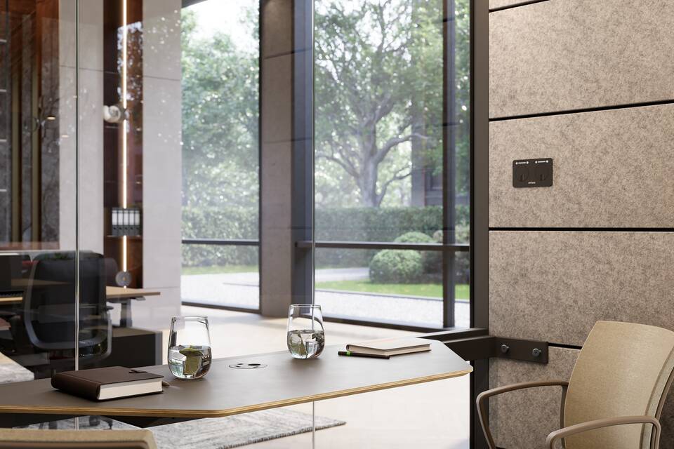 Cerene Chat Connect low, Well Royal Ahrend Cerene Chat Connect low office pod interior view with grey Well chairs with beige upholstery in office space