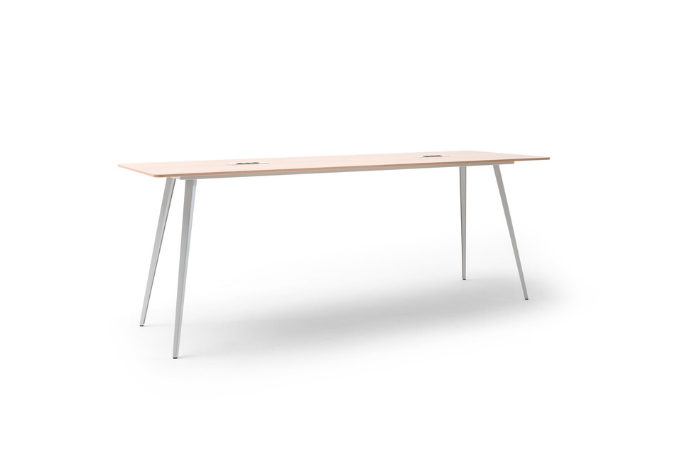 Gispen TEAM Classic narrow high conference table with grey legs and frame with birch tabletop and 2 Cubbys front left view