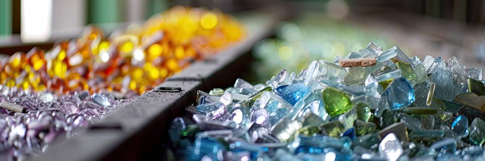 A variety of differently colored glass pieces are scattered across a table, showcasing the range of glass waste processed at a recycling facility for creating new products