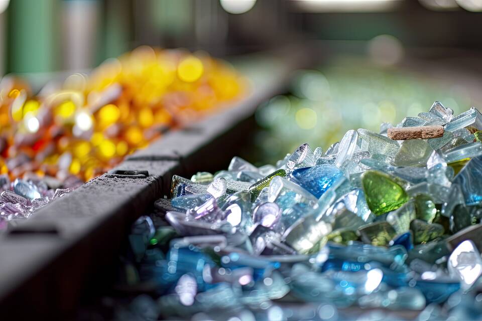 A variety of differently colored glass pieces are scattered across a table, showcasing the range of glass waste processed at a recycling facility for creating new products