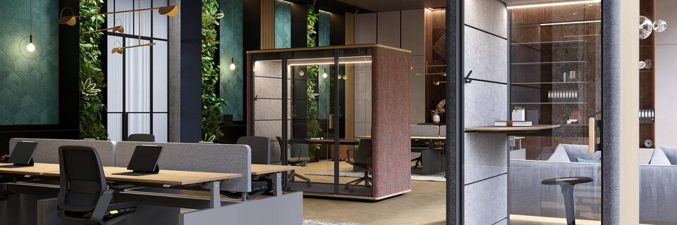 Cerene Call, Swaye, Balance, Remode, Cerene Chat Connect low Royal Ahrend Cerene Call office pod in grey with wooden slats sides and black Swaye stand aid in office space header