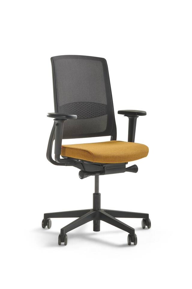 Gispen ZINN office chair in black with black base and orange upholstered seat and black back front left view