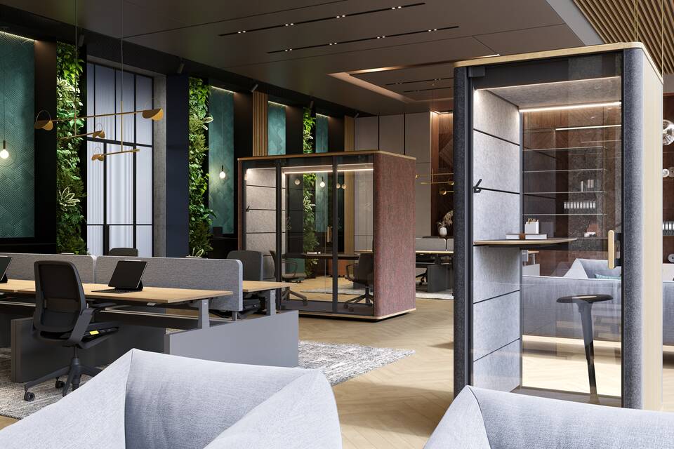 Royal Ahrend Cerene Call office pod in grey with wooden slats sides and black Swaye stand aid in office space wide