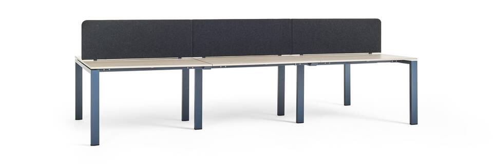 Gispen IC bench in blue with beech tabletop with blue tablescreen front left view