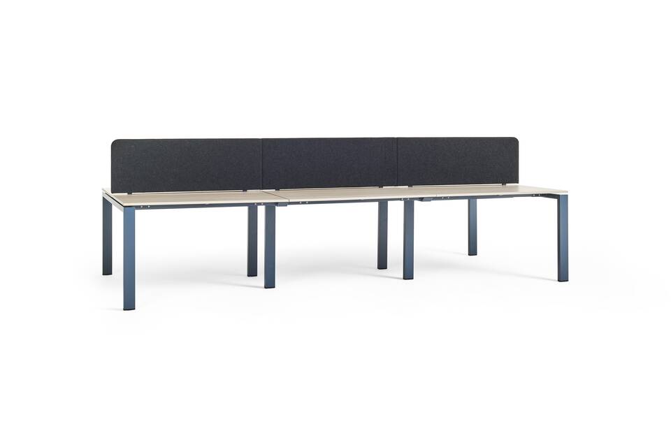 Gispen IC bench in blue with beech tabletop with blue tablescreen front left view